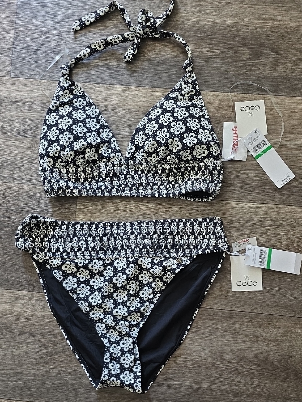 CeCe Black & White Floral Smocked Two-Piece Bikini